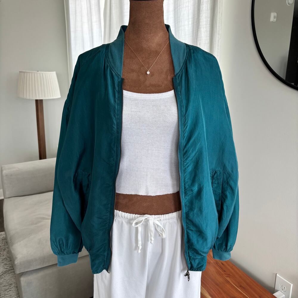 90s Vintage Robert Stock 100% Silk Bomber Jacket Teal Full Zip Drop Shoulder M